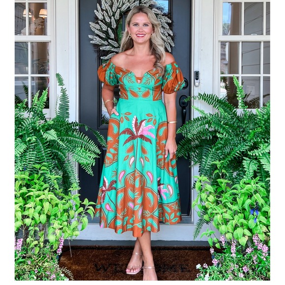 Anthropologie Maeve green puff sleeves floral sweetheart‎ midi dress 2 vacation - Picture 2 of 11